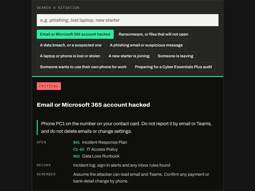 The Cyber Security Assistant: search a situation, get the first action and the documents to open