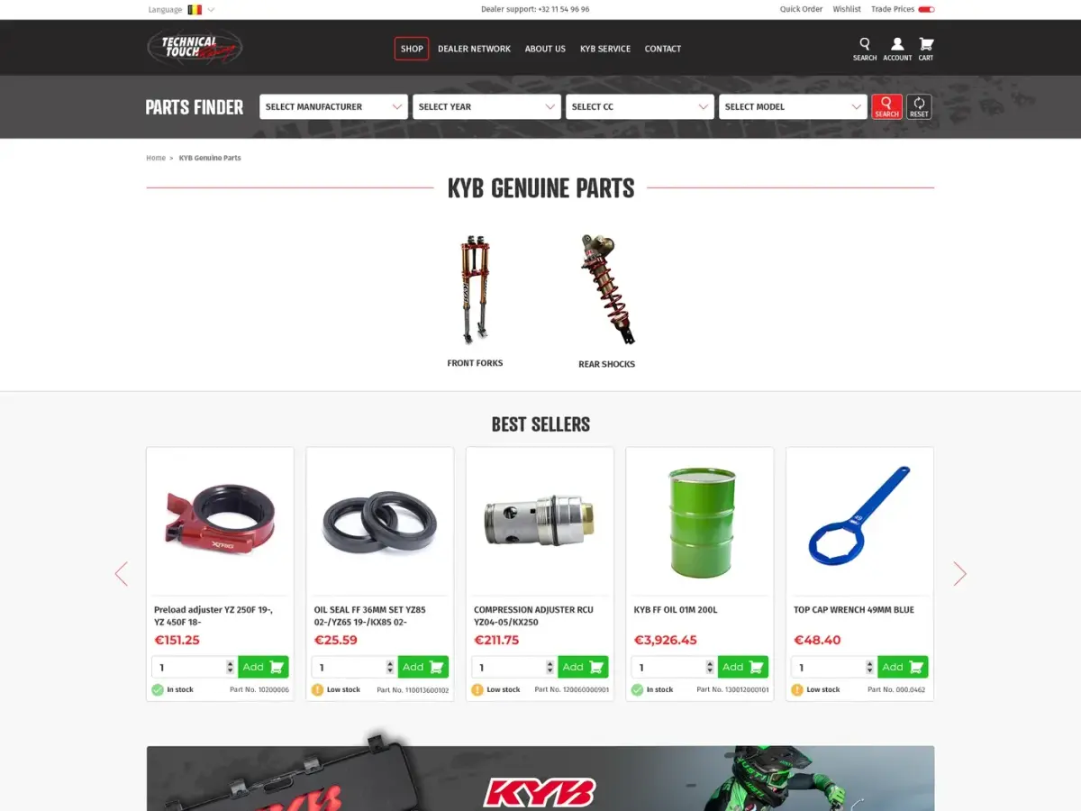 Category page with the parts finder, KYB genuine parts and best sellers