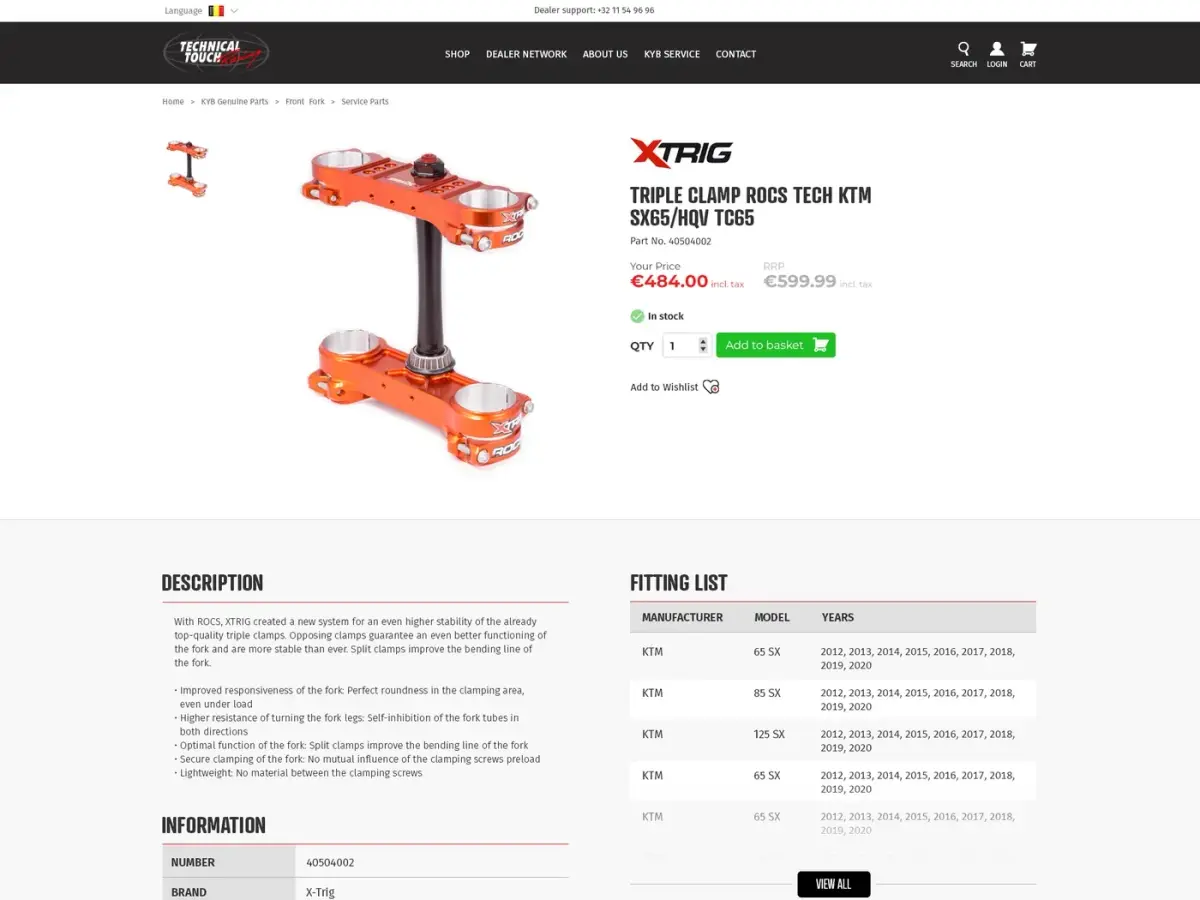 Product page with dealer price beside RRP and a fitting list by bike